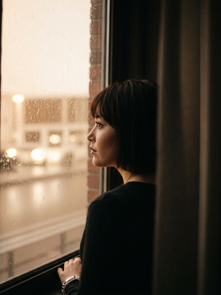 Pensive woman by rainy window